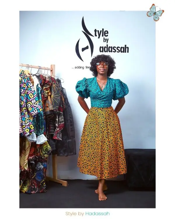 lady wearing a gown made from Ankara