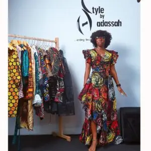lady wearing a dress made from Ankara fabric