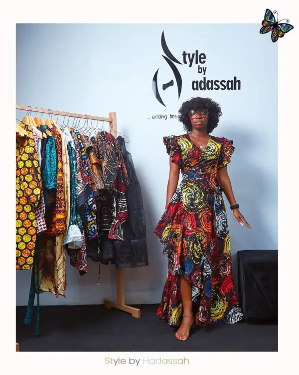 lady wearing a dress made from Ankara fabric